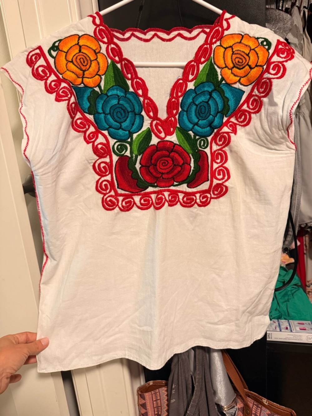 Hand-Embroidered White Floral Peasant Blouse